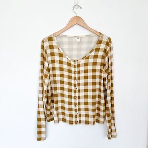 Kate Quinn Women’s Bamboo Fennel Golden Tan Gingham Button Front Cardigan